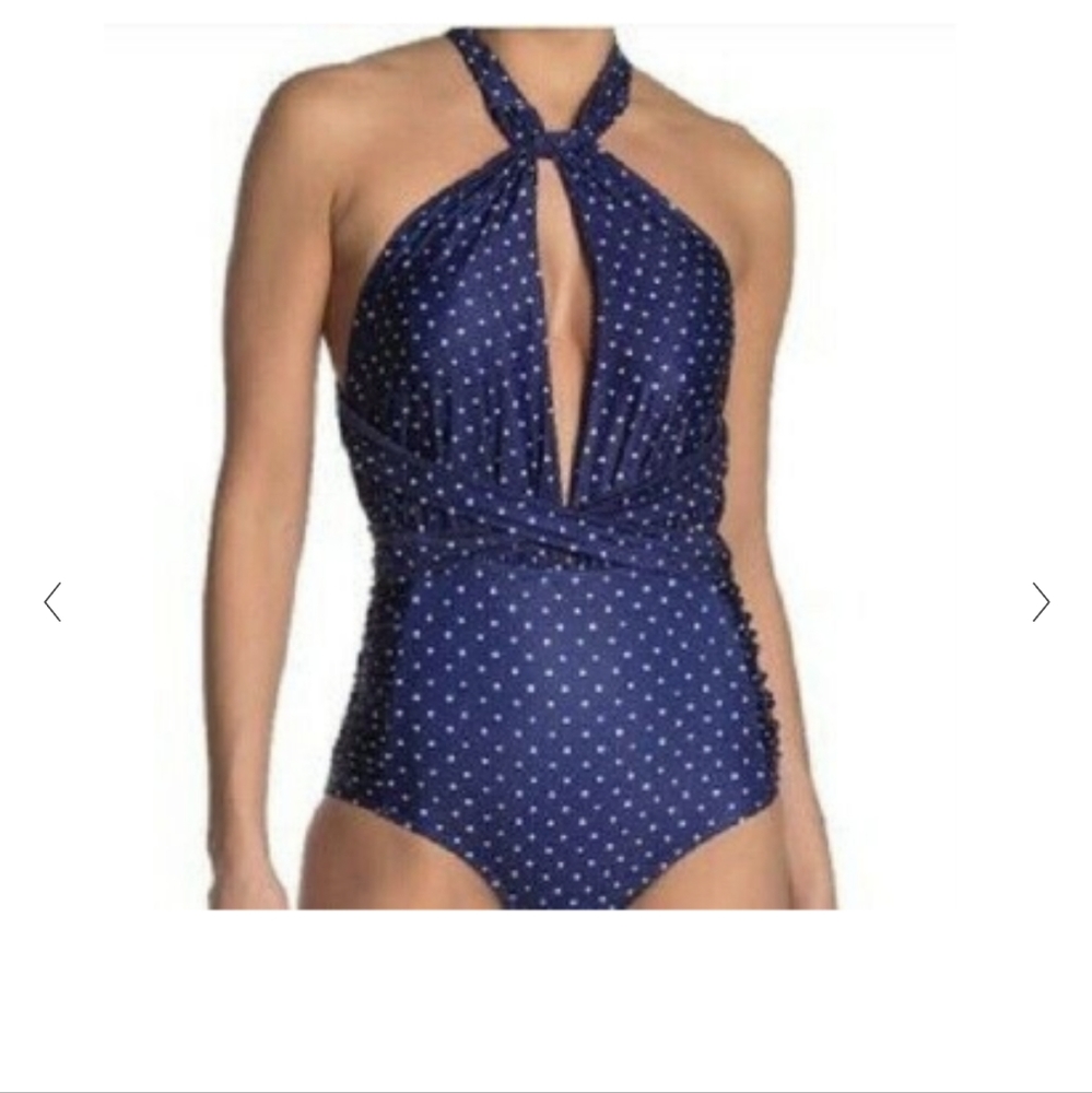 Nicole Miller multi way Convertible One-Piece Swimsuit in Tea Party Dot NWT.